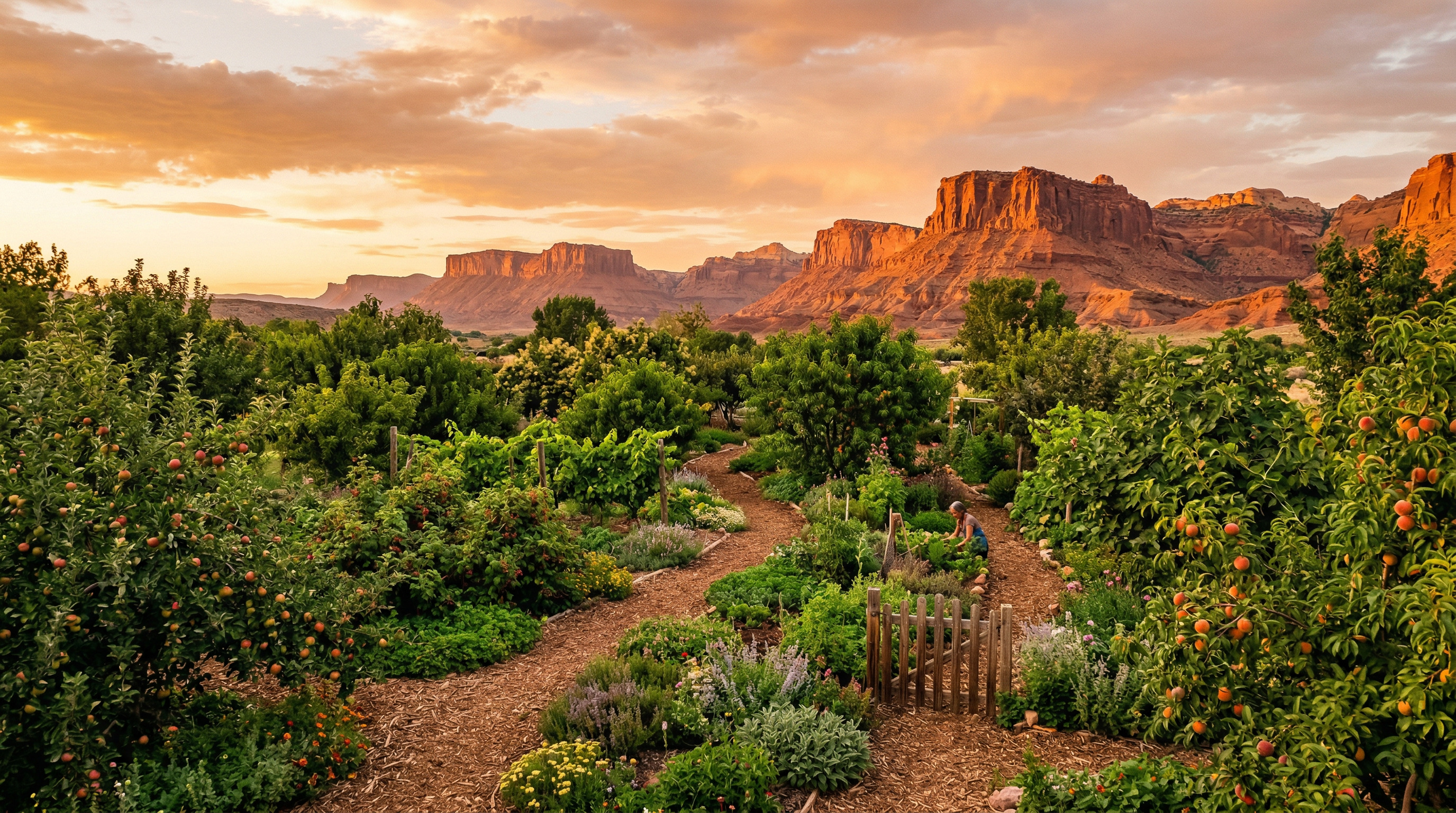 Lush permaculture food forest in Utah's mountain landscape